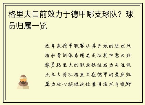 格里夫目前效力于德甲哪支球队？球员归属一览